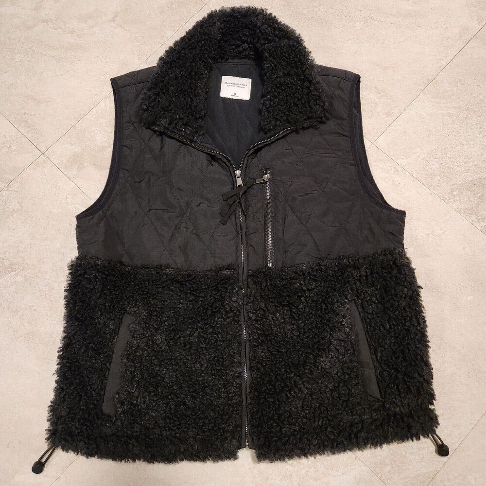 Abercrombie & Fitch Soft A&F Womens M Medium Black Quilted Sherpa Fleece Vest